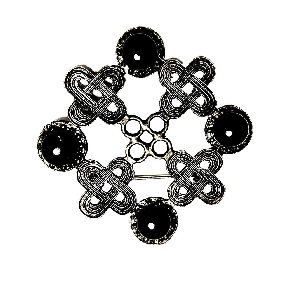 Vintage Silver Tone Onyx Fancy Celtic Knots Brooch
